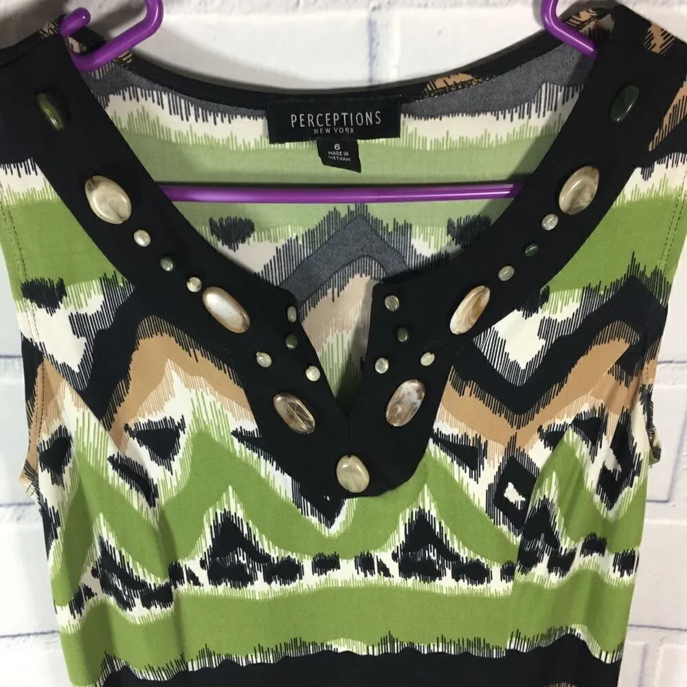 PERCEPTIONS NY Sleeveless Green Black Midi Career Dress Plus Size 6 - Picture 4 of 4